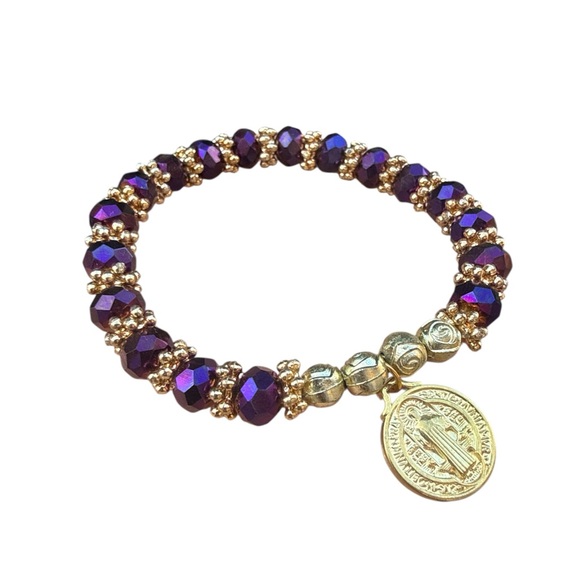 Jewelry - Purple and Gold Beaded Bracelet with St. Jude Charm